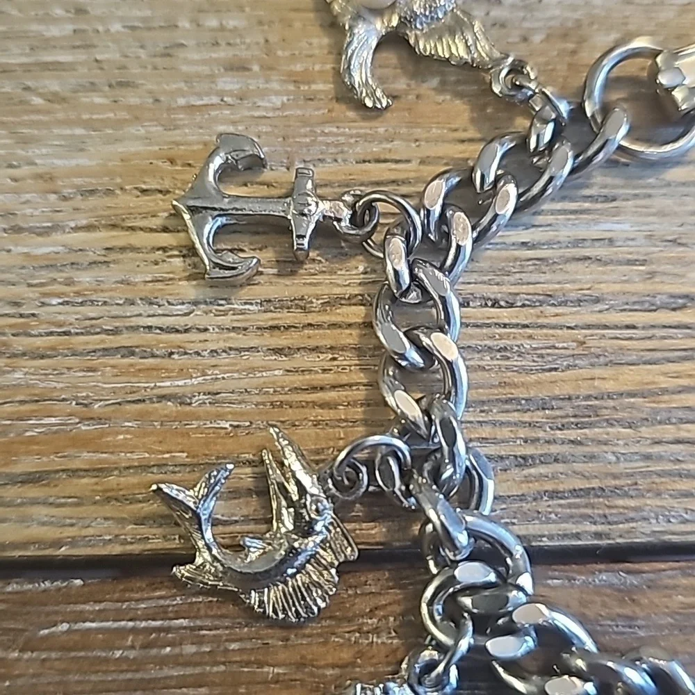 Chunky Charm Bracelet, Vintage Nautical Ocean Vacation Theme, Silvertone